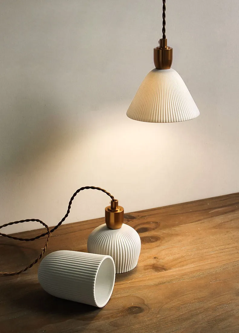 Pleated Ceramic & Brass Cocoon Pendant Light
