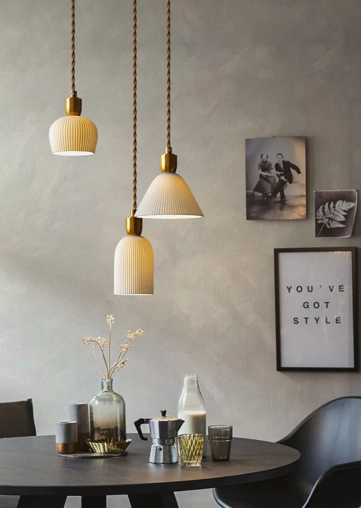 Pleated Ceramic & Brass Cocoon Pendant Light