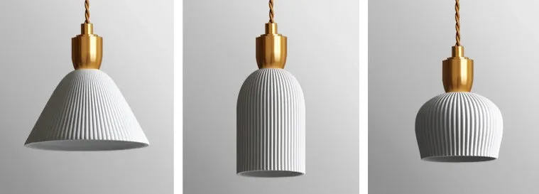 Pleated Ceramic & Brass Cocoon Pendant Light