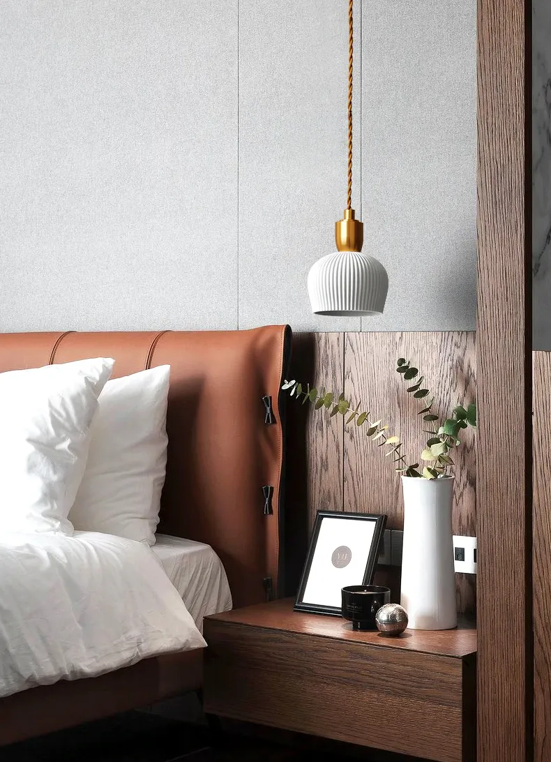 Pleated Ceramic & Brass Cocoon Pendant Light