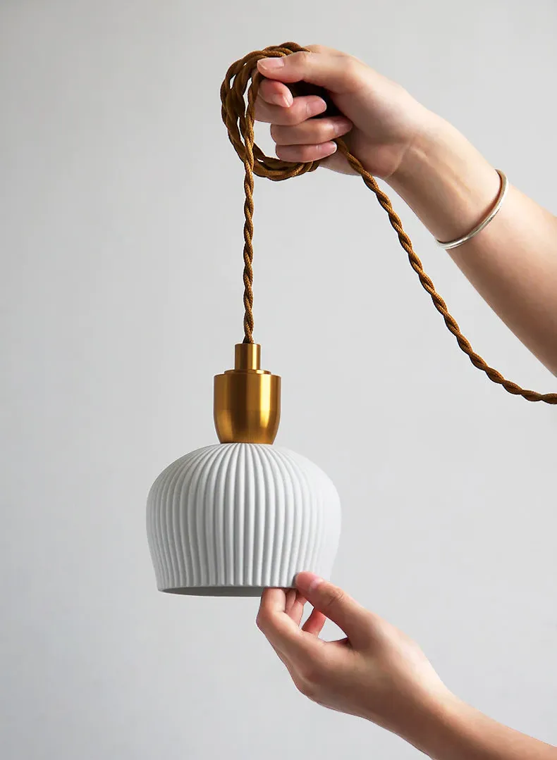 Pleated Ceramic & Brass Cocoon Pendant Light