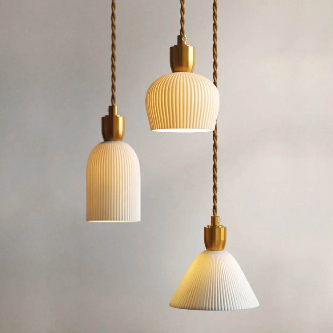 Pleated Ceramic & Brass Cocoon Pendant Light