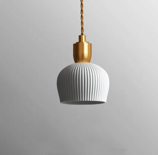 Pleated Ceramic & Brass Cocoon Pendant Light