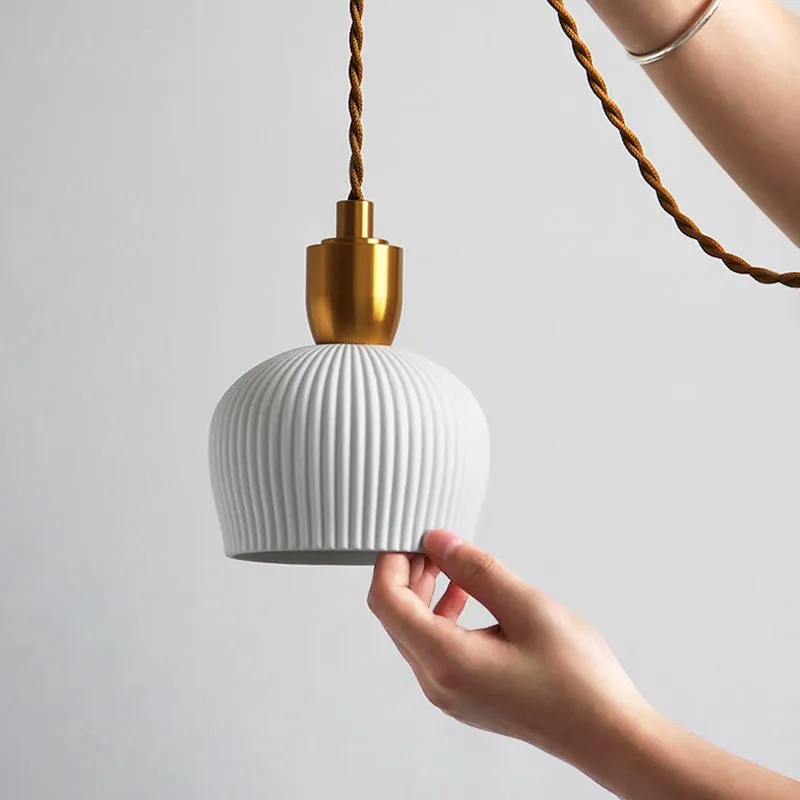 Pleated Ceramic & Brass Cocoon Pendant Light