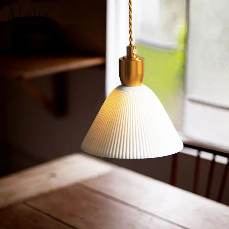 Pleated Ceramic & Brass Cocoon Pendant Light