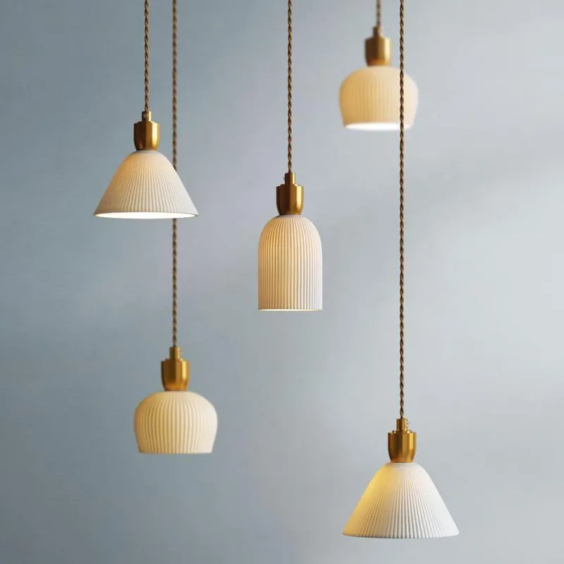 Pleated Ceramic & Brass Cocoon Pendant Light