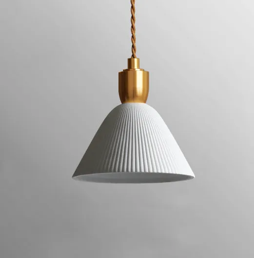 Pleated Ceramic & Brass Cocoon Pendant Light