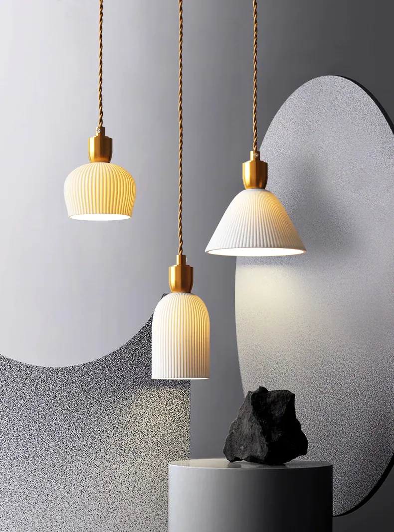 Pleated Ceramic & Brass Cocoon Pendant Light