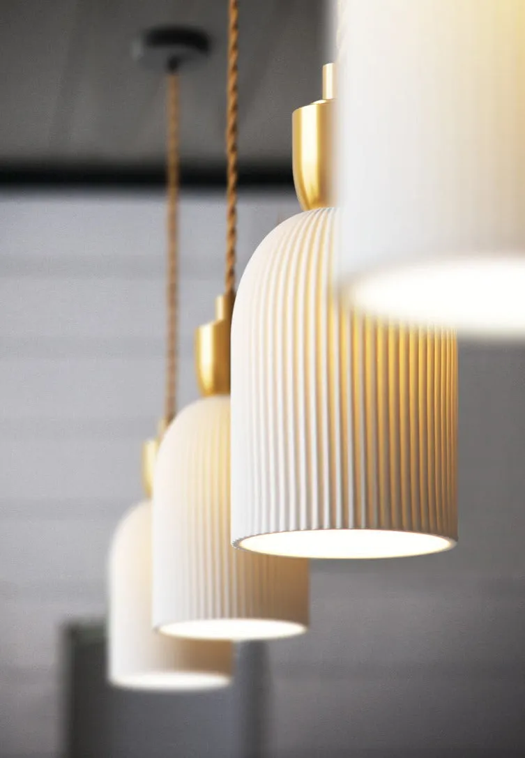 Pleated Ceramic & Brass Cocoon Pendant Light