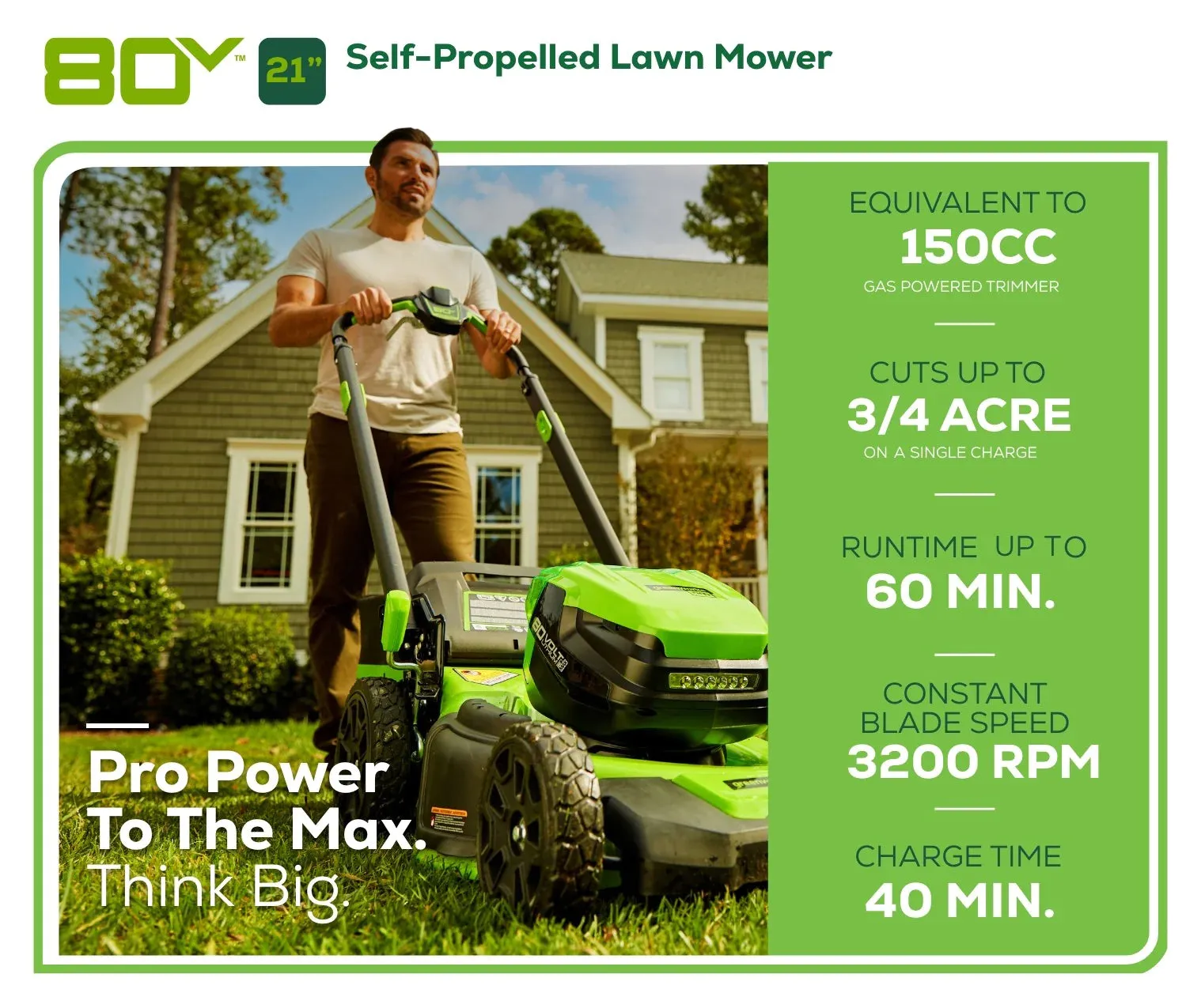 Pro 80V 21-inch Cordless Battery Self-Propelled Lawn Mower with 5.0Ah Battery & Rapid Charger