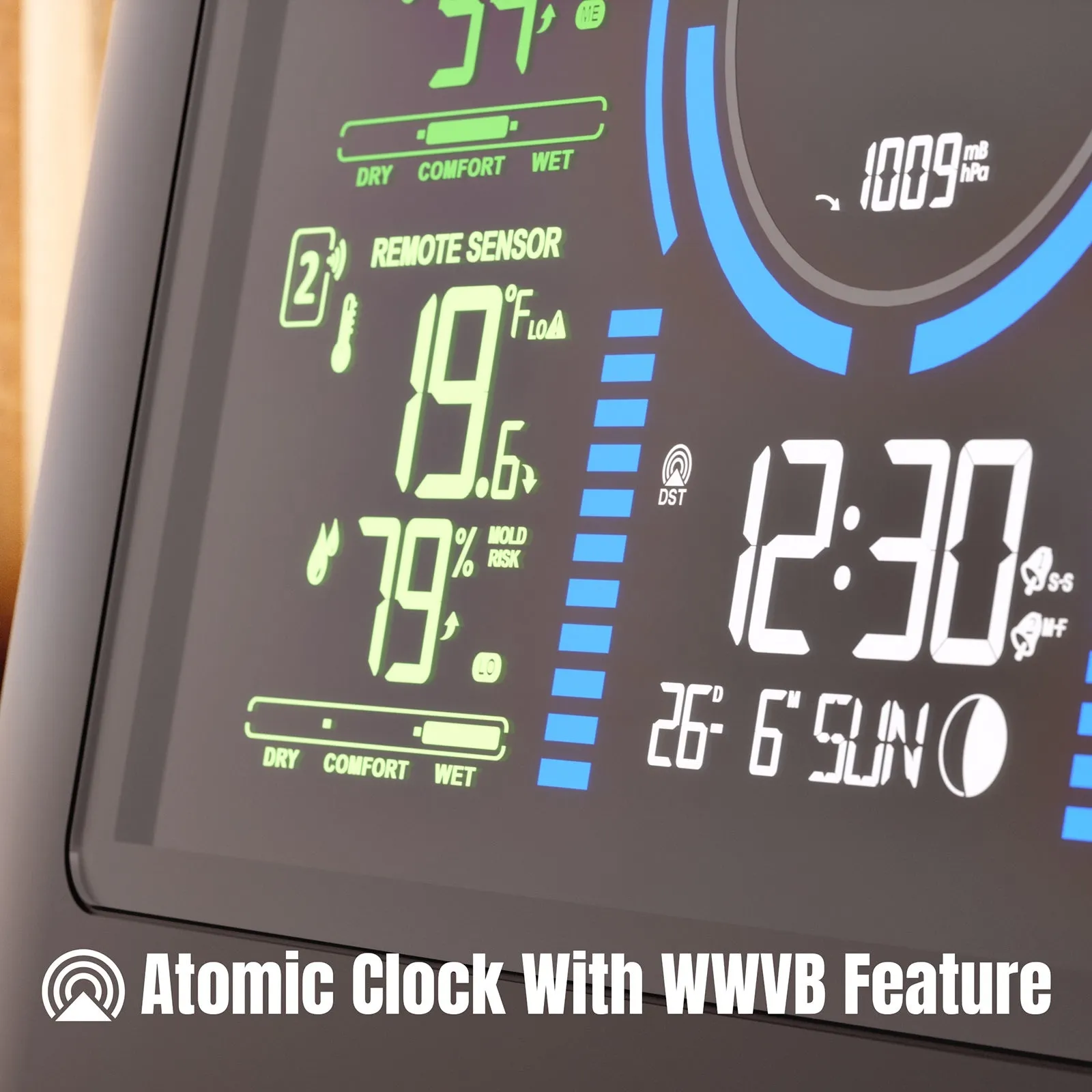Raddy WF-80C Weather Station | 7.5'' Large Color Display | Adjustable Backlight | Atomic Clock | 3 Outdoor Sensors