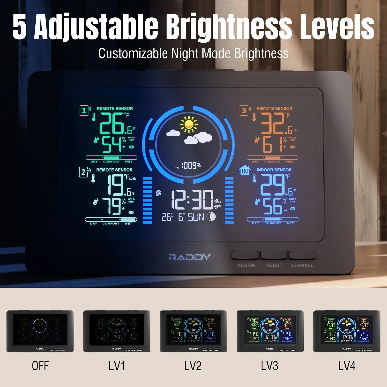 Raddy WF-80C Weather Station | 7.5'' Large Color Display | Adjustable Backlight | Atomic Clock | 3 Outdoor Sensors