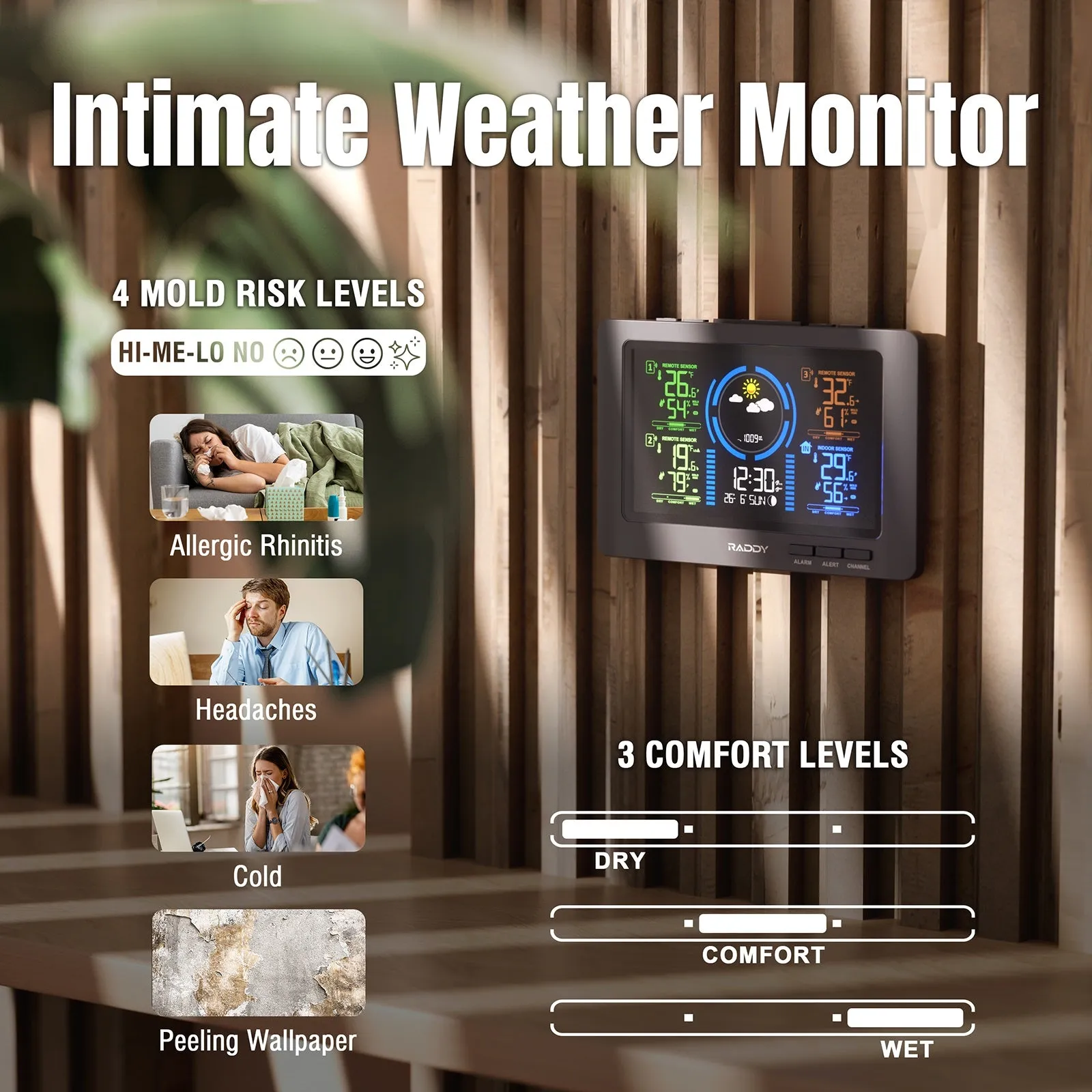 Raddy WF-80C Weather Station | 7.5'' Large Color Display | Adjustable Backlight | Atomic Clock | 3 Outdoor Sensors