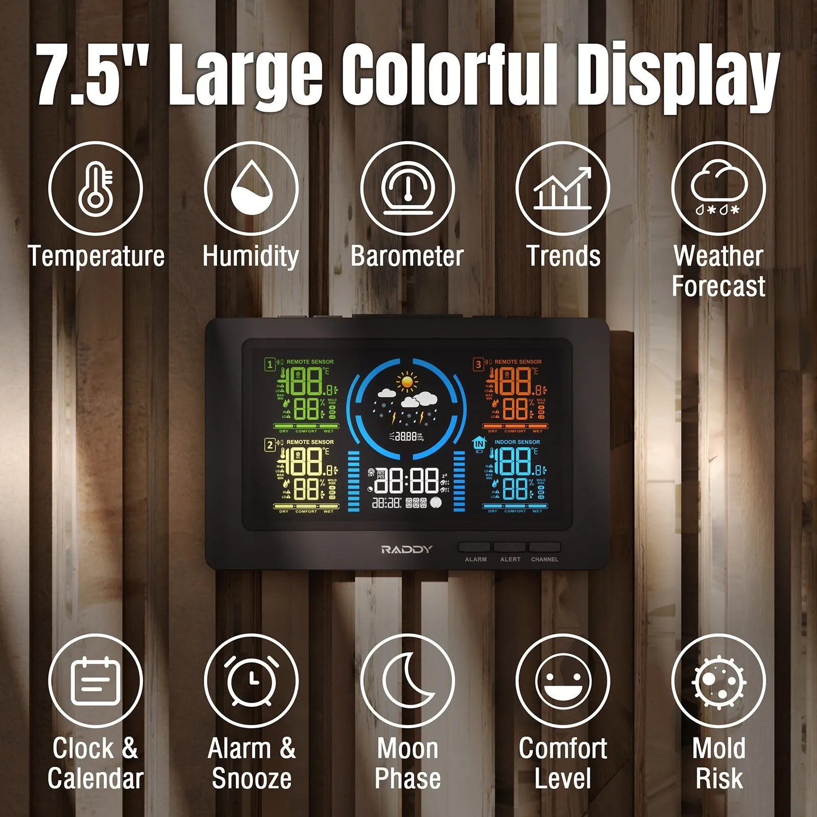 Raddy WF-80C Weather Station | 7.5'' Large Color Display | Adjustable Backlight | Atomic Clock | 3 Outdoor Sensors