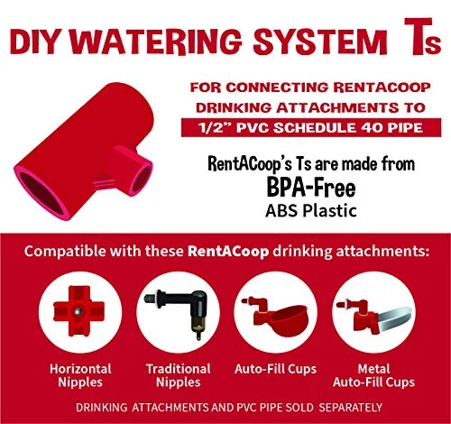 RentACoop Pack of Tee Fittings for 1/2" Schedule 40 Plastic Piping with 1/8" FTP Threads for Chicken Auto-Fill Water Cups, Horizontal Nipples, Rabbit Nipples and Auto-Fill Metal Cups…