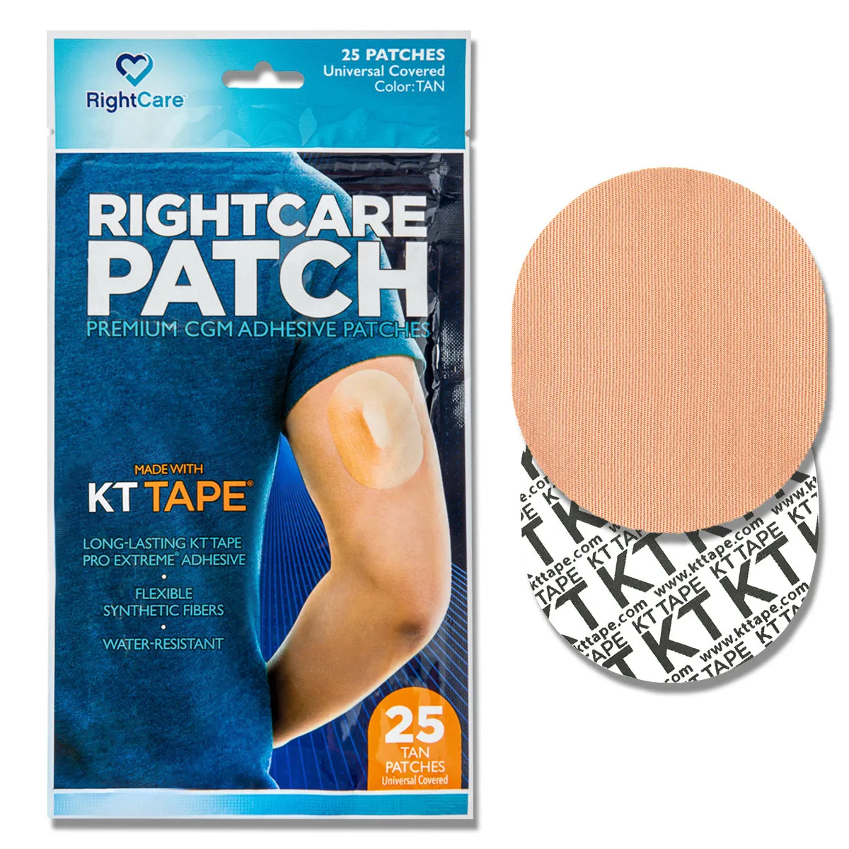 RightCare CGM Adhesive Patch made with KT Tape, Universal, Bag of 25