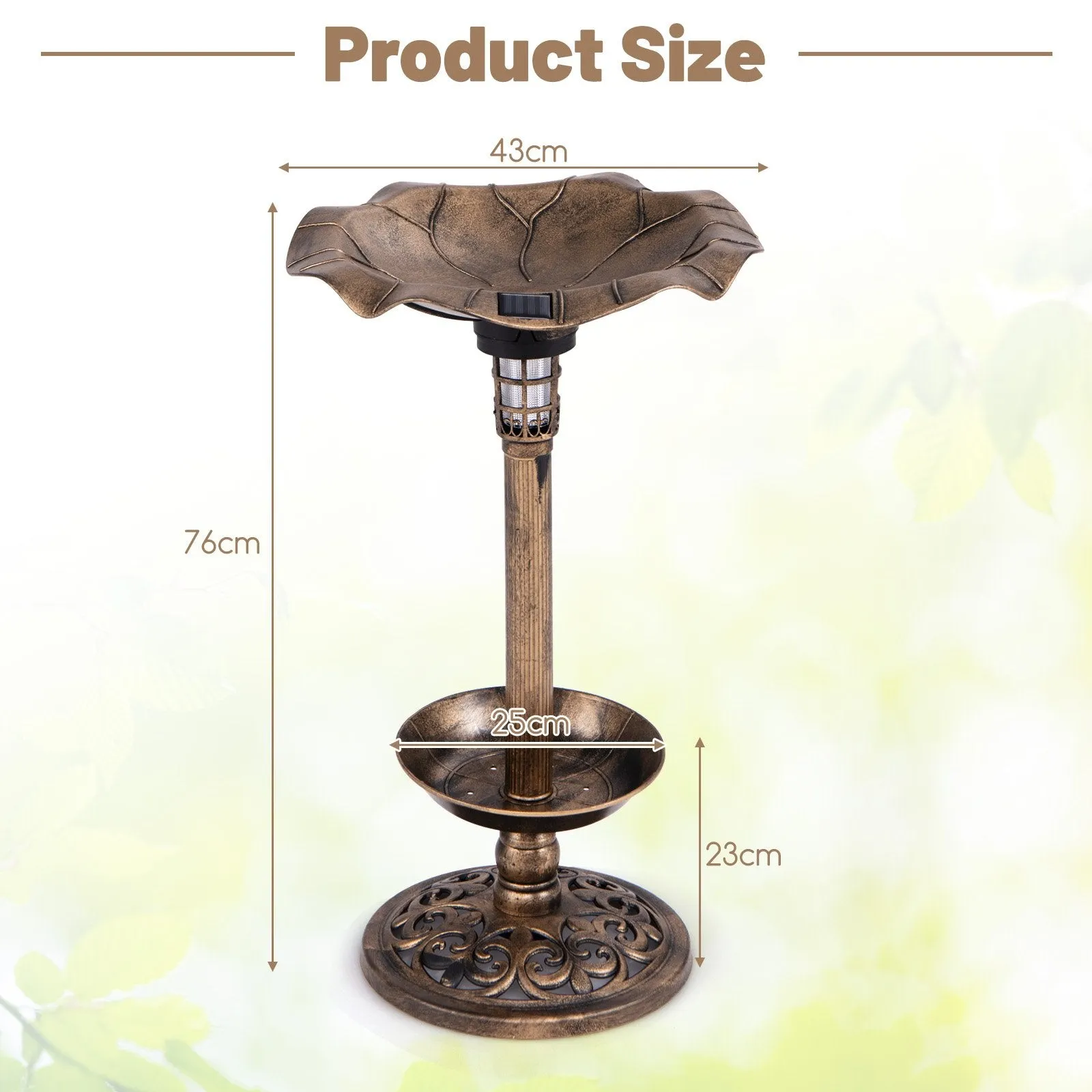 Solar-Powered Bird Bath and Feeder Combo Set for Garden Yard Lawn-Bronze