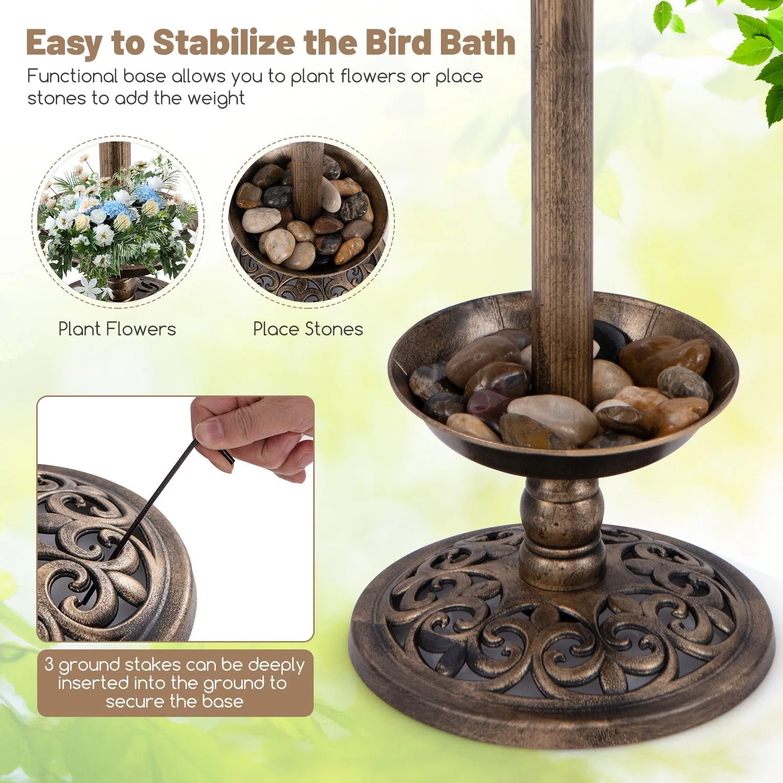 Solar-Powered Bird Bath and Feeder Combo Set for Garden Yard Lawn-Bronze