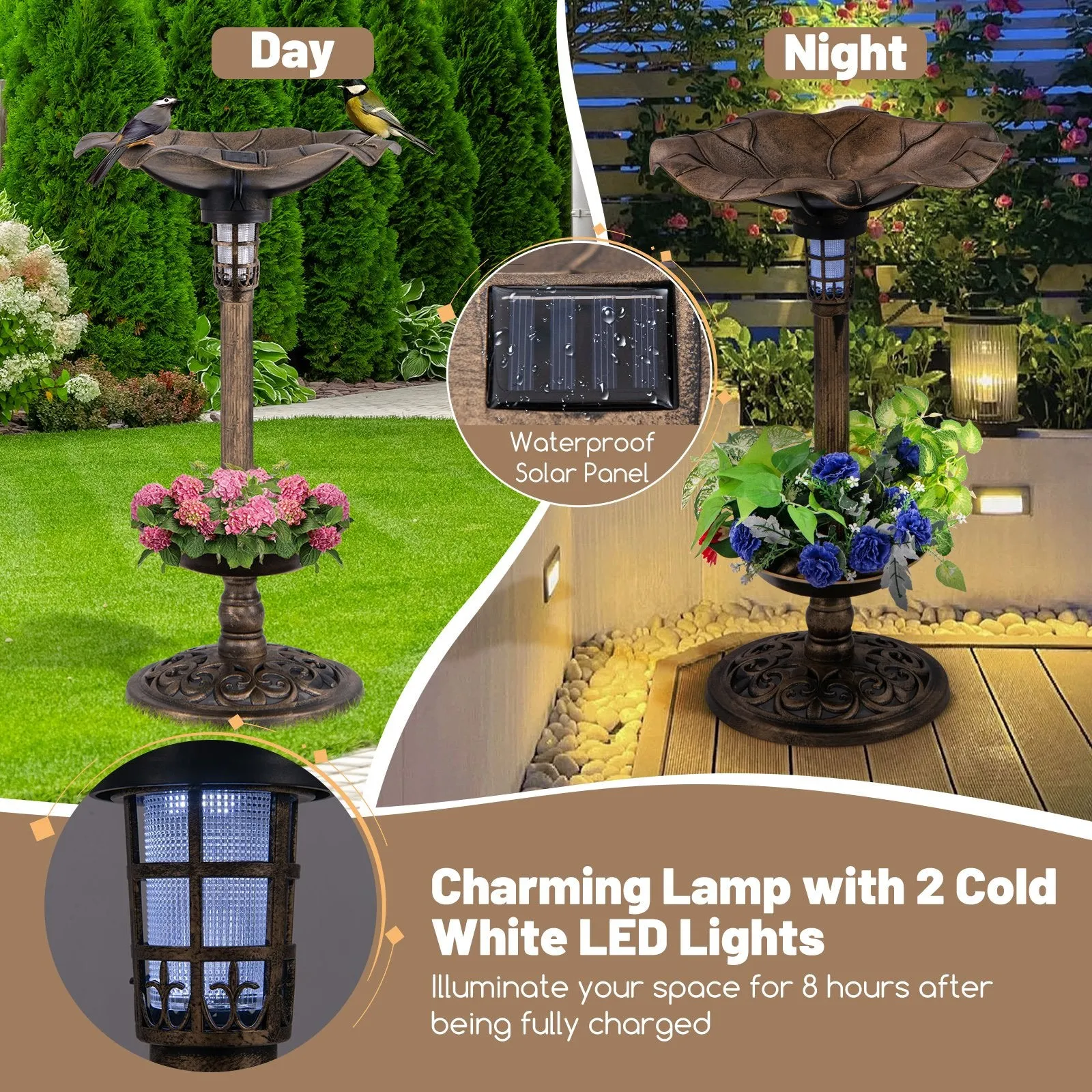 Solar-Powered Bird Bath and Feeder Combo Set for Garden Yard Lawn-Bronze
