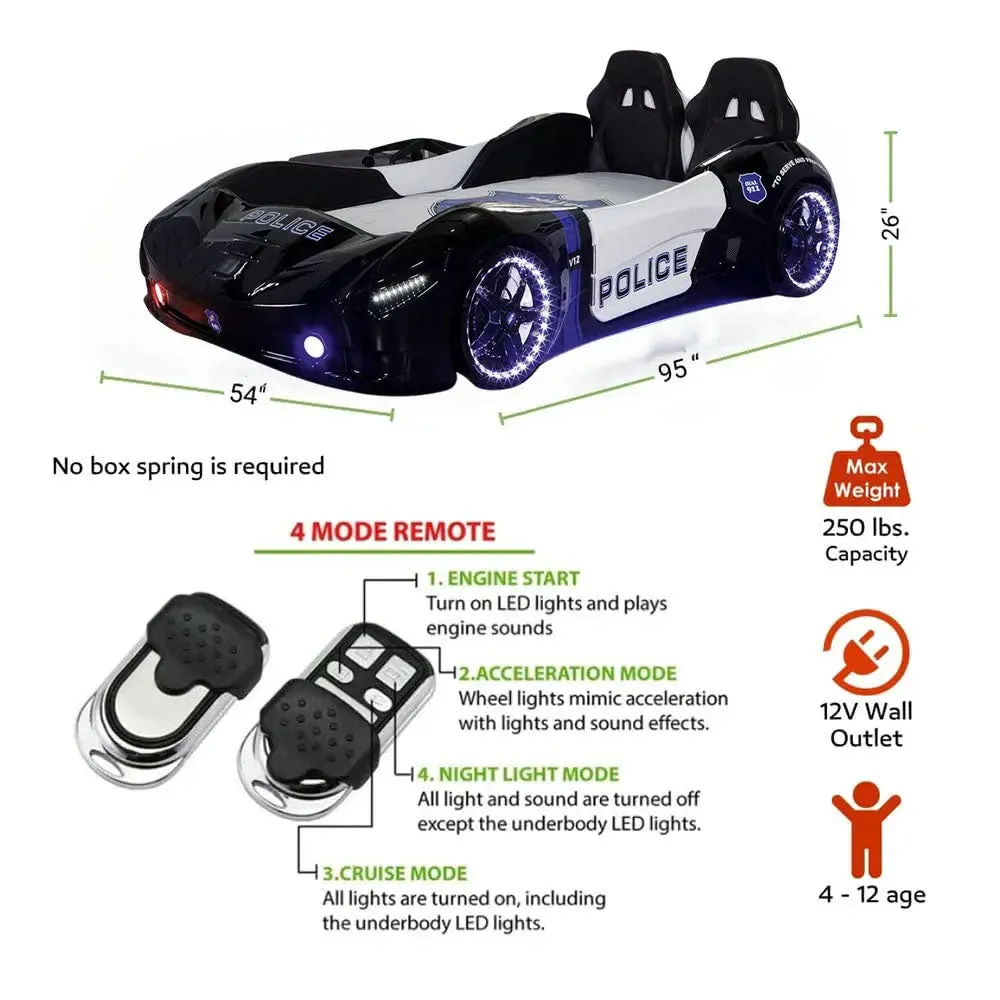SPYDER POLICE Twin Race Car Bed with LED Lights & Sound FX, FREE Mattress Included
