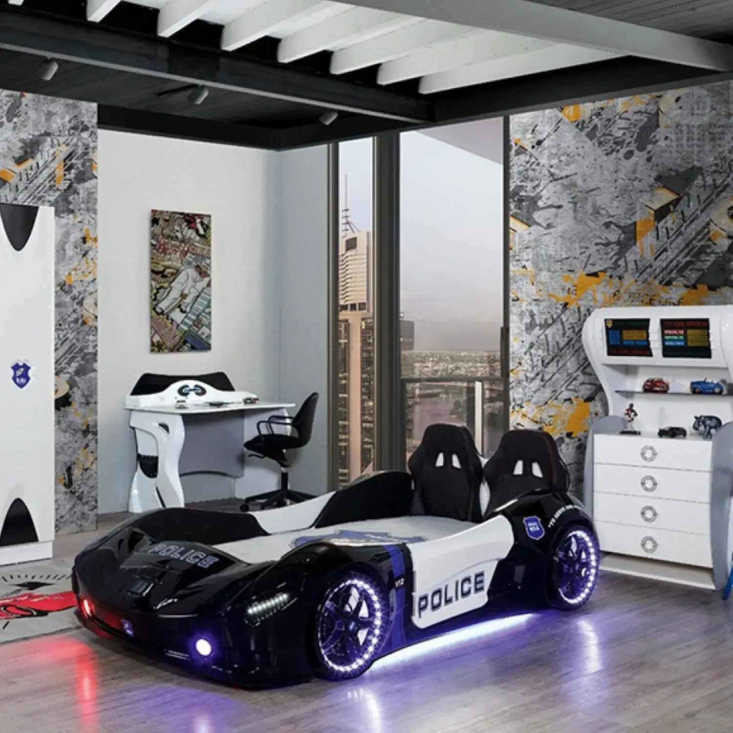 SPYDER POLICE Twin Race Car Bed with LED Lights & Sound FX, FREE Mattress Included