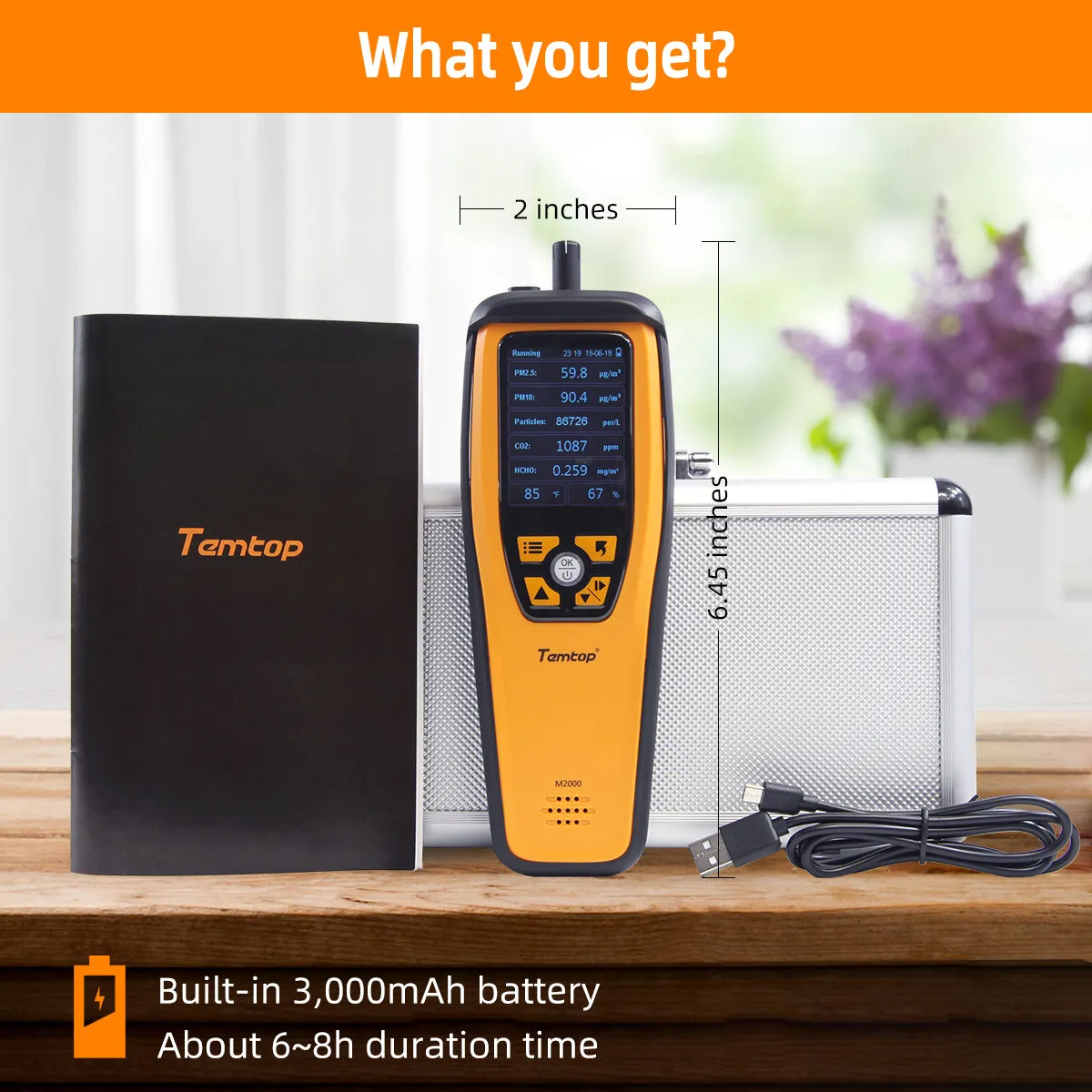 Temtop M2000 2. CO2 air quality monitor for PM2.5 PM10 particles CO2 HCHO, temperature and humidity display, data export