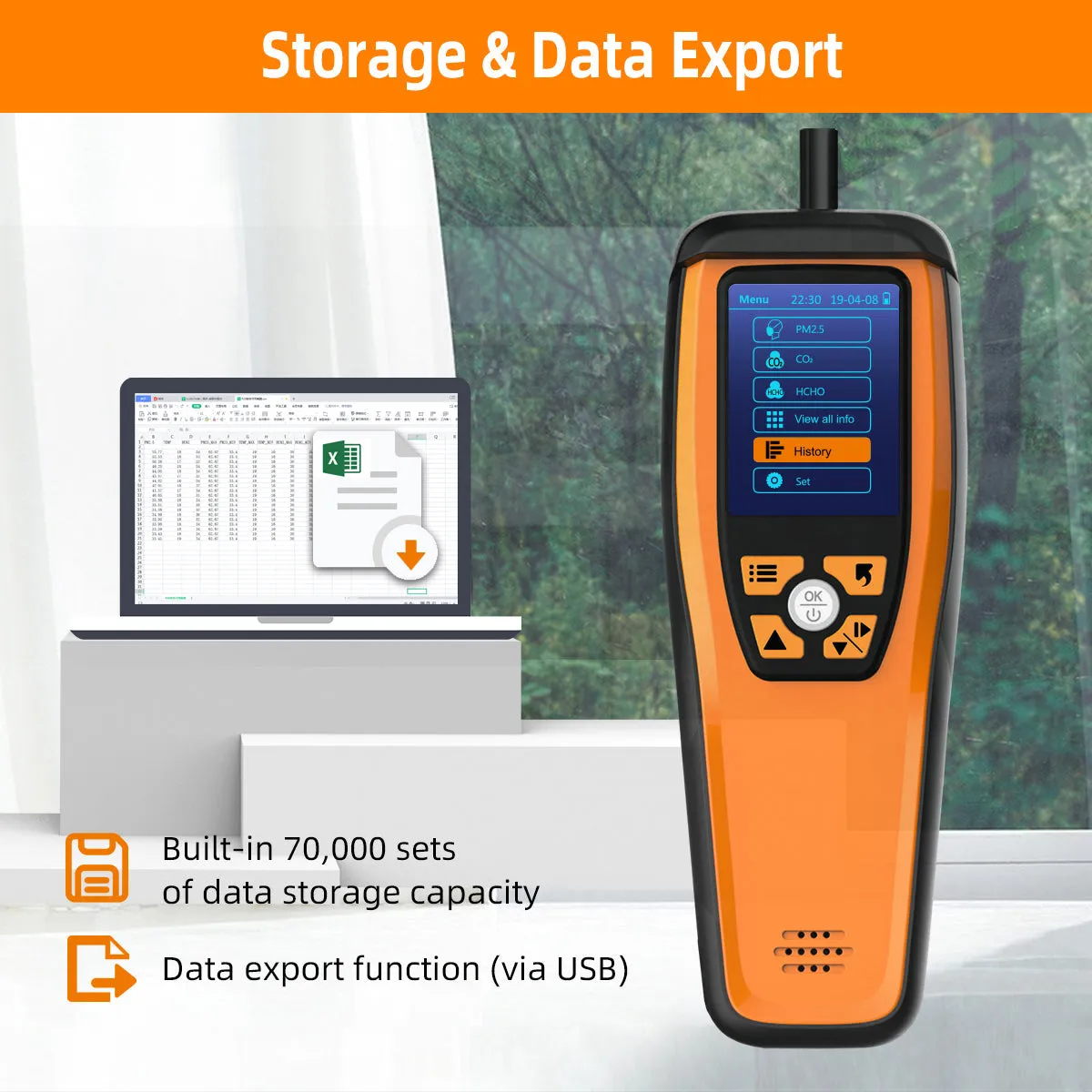 Temtop M2000 2. CO2 air quality monitor for PM2.5 PM10 particles CO2 HCHO, temperature and humidity display, data export