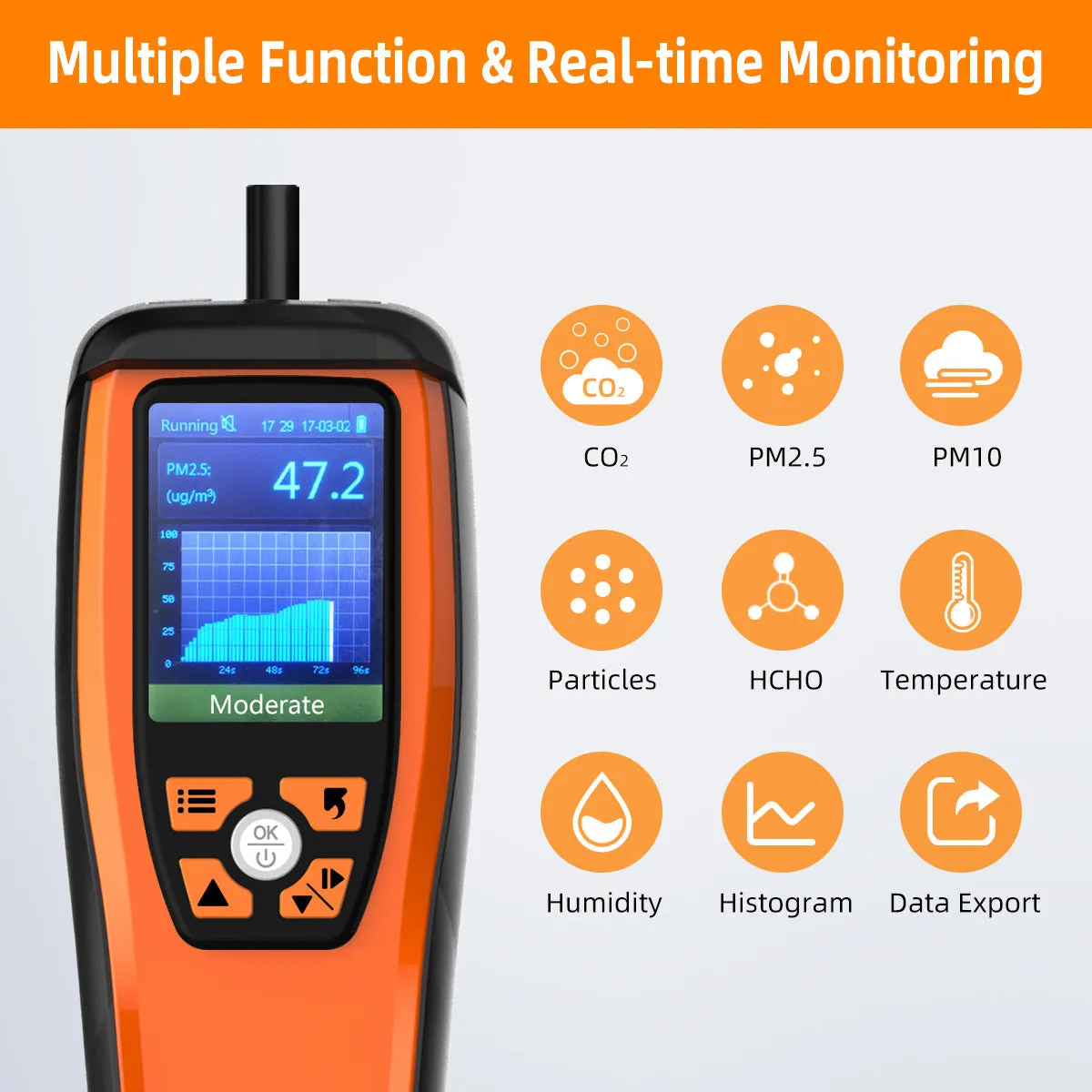 Temtop M2000 2. CO2 air quality monitor for PM2.5 PM10 particles CO2 HCHO, temperature and humidity display, data export