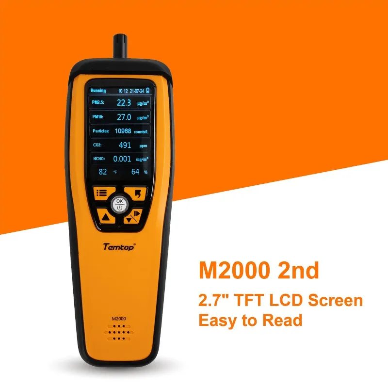 Temtop M2000 2. CO2 air quality monitor for PM2.5 PM10 particles CO2 HCHO, temperature and humidity display, data export