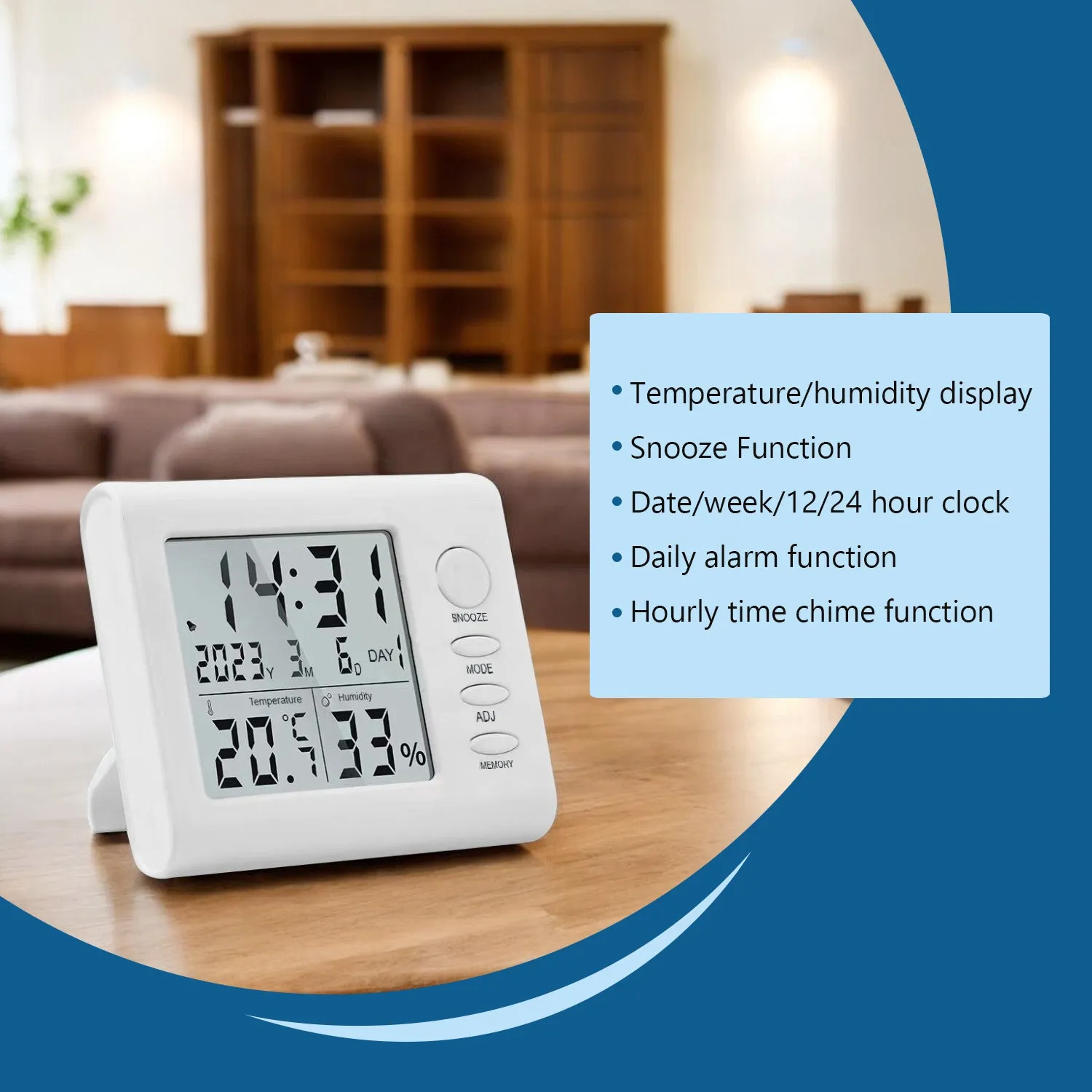 Themisto TH-HTC6 Digital Hygrometer Thermometer Humidity Meter With Clock LCD Display