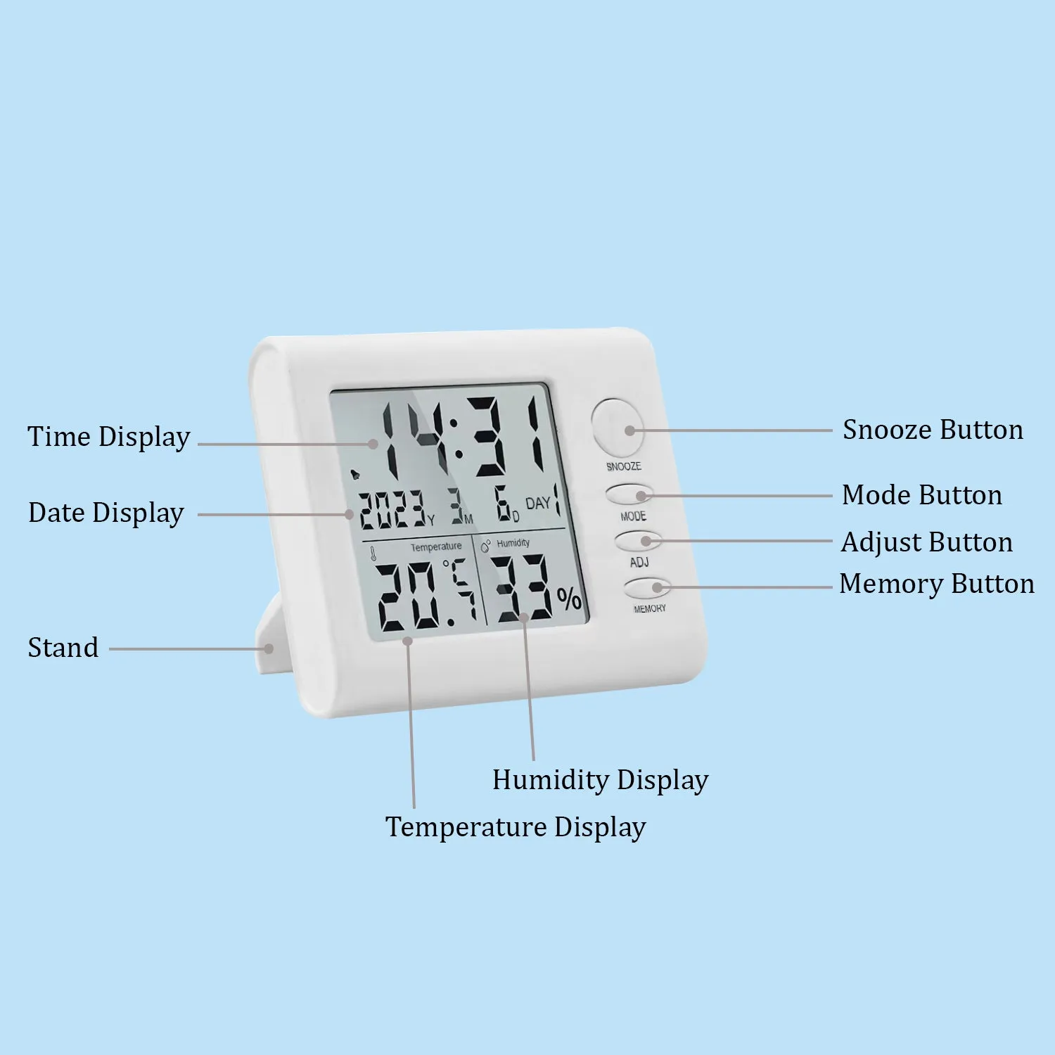 Themisto TH-HTC6 Digital Hygrometer Thermometer Humidity Meter With Clock LCD Display