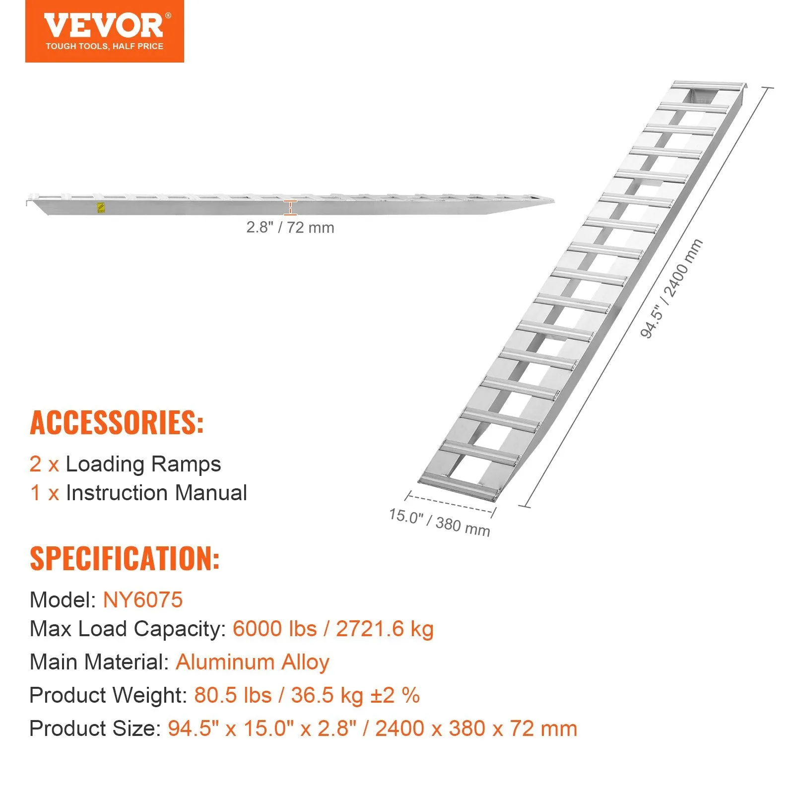 Vevor Aluminum Loading Ramps 94" x 15" 6000 Lbs Load Capacity New