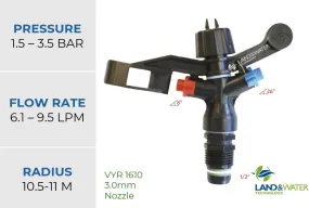 Vyrsa 1610 Full Circle 15mm Male Plastic Impact Sprinkler with Single 3.0mm Nozzle