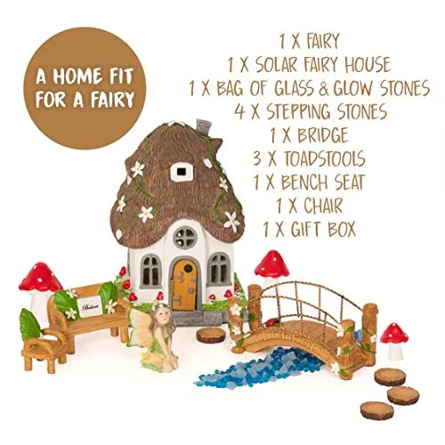 WILD PIXY Fairy Garden Accessories Kit - Miniature House and Figurine Set for Girls, Boys, Adults - with Magical Glow in The Dark Pebbles and Solar LED Lights