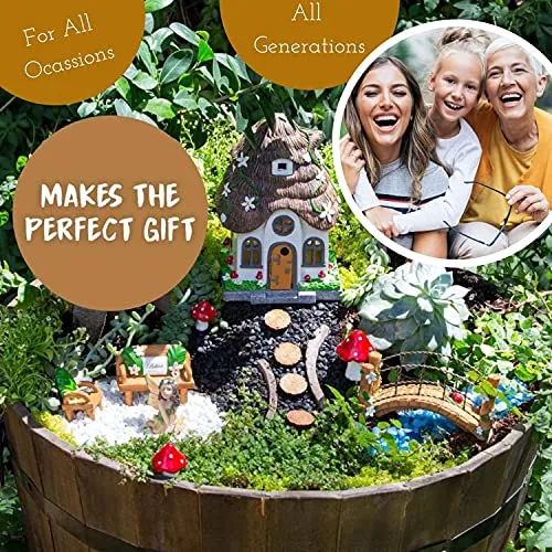 WILD PIXY Fairy Garden Accessories Kit - Miniature House and Figurine Set for Girls, Boys, Adults - with Magical Glow in The Dark Pebbles and Solar LED Lights