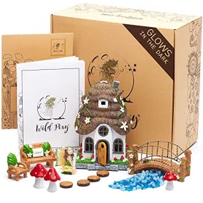WILD PIXY Fairy Garden Accessories Kit - Miniature House and Figurine Set for Girls, Boys, Adults - with Magical Glow in The Dark Pebbles and Solar LED Lights
